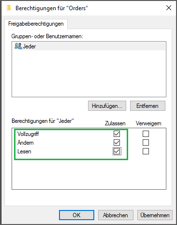 Netzwerkfreigabe Orders