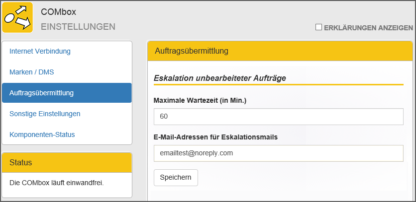 COMbox Einstellungen zur Eskalation