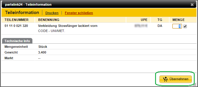 Teileinformation nach Katalogeinsprung